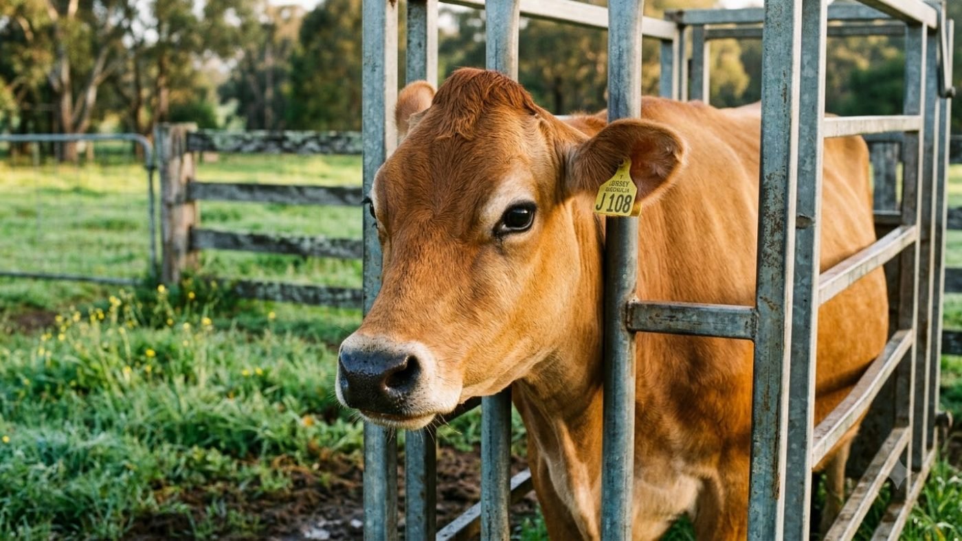 A Jersey house cow standing calmly in a steel crush on an Australian farm in early morning light