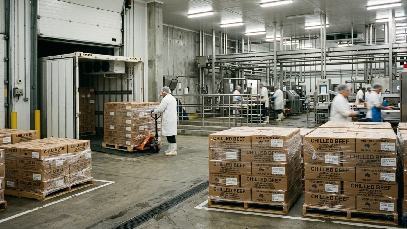 Boxed beef being loaded for export at an Australian processing plant