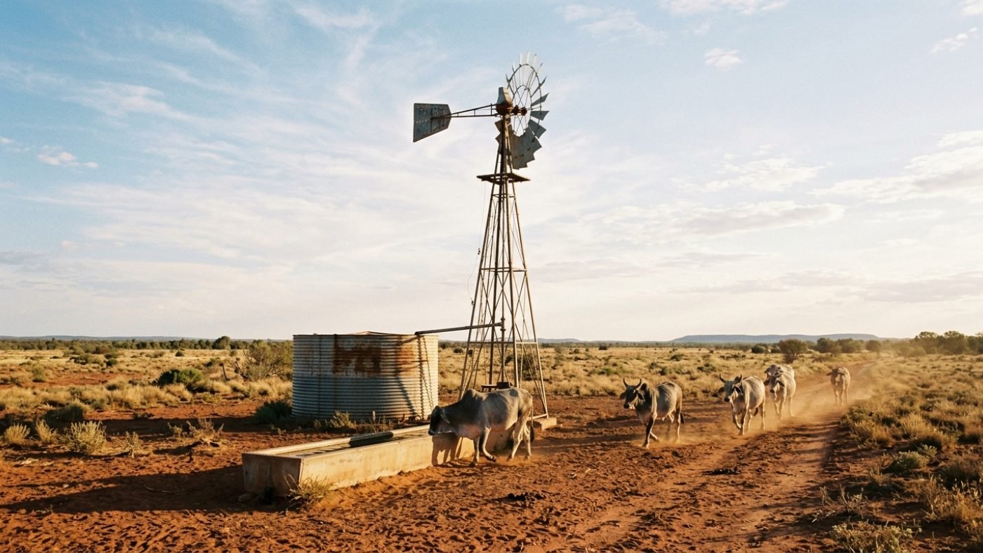 A steel windmill and water tank standing over a bore in dry outback Australia
