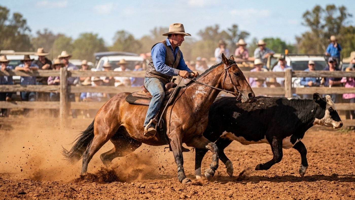 A stock horse blocking a beast during a campdraft run in a dusty arena
