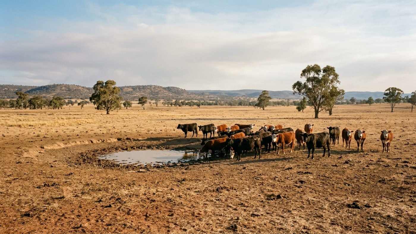 Cattle standing at a nearly empty earth dam on a drought-affected Australian paddock