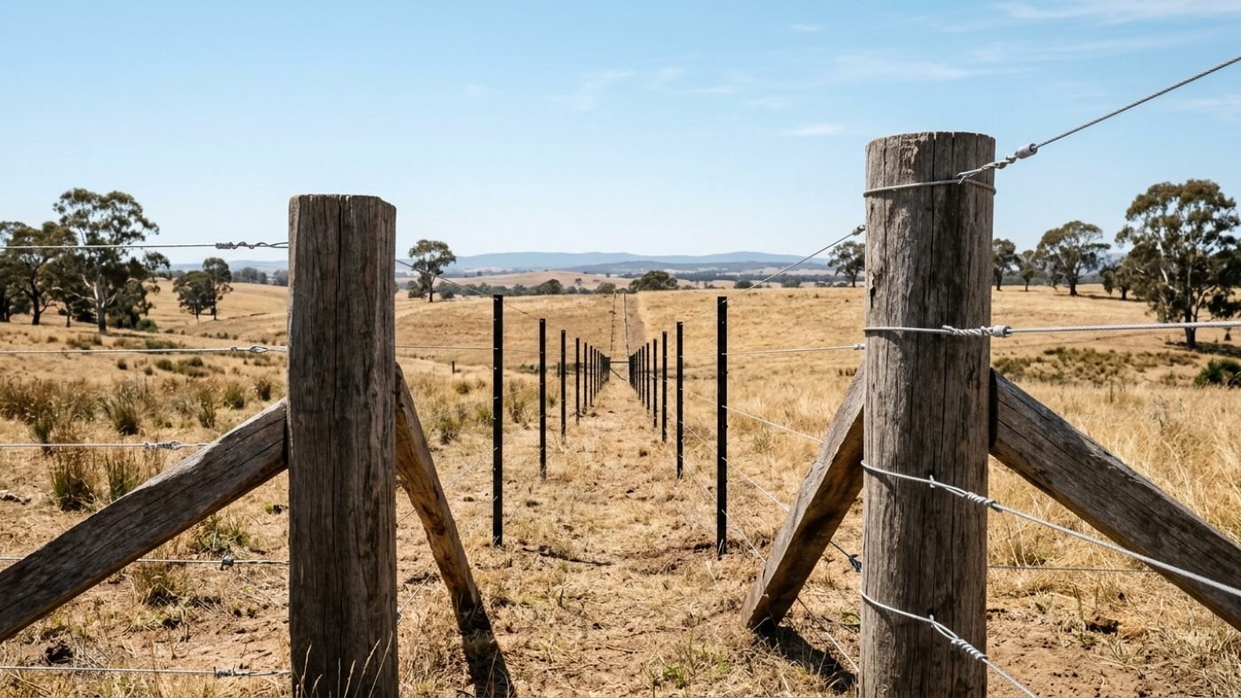 A new plain wire cattle fence with strainer assembly running across Australian farmland