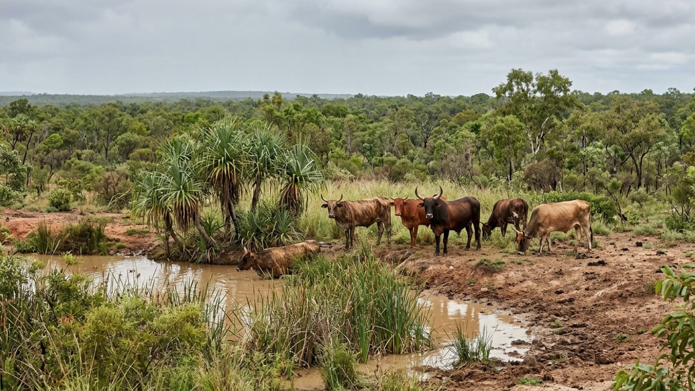 Wild unbranded cattle standing in dense scrub in northern Australia
