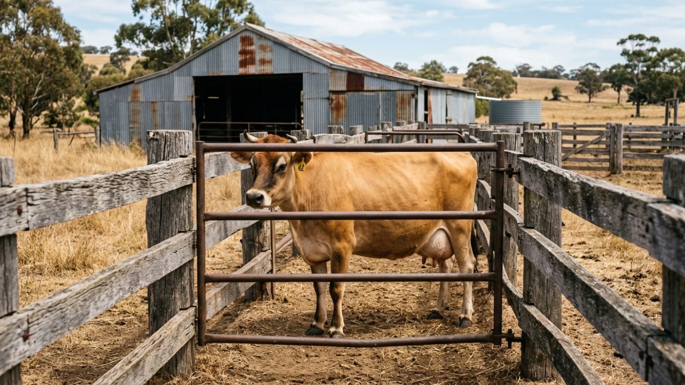 A fawn Jersey cow standing quietly in a timber cattle yard on inspection day