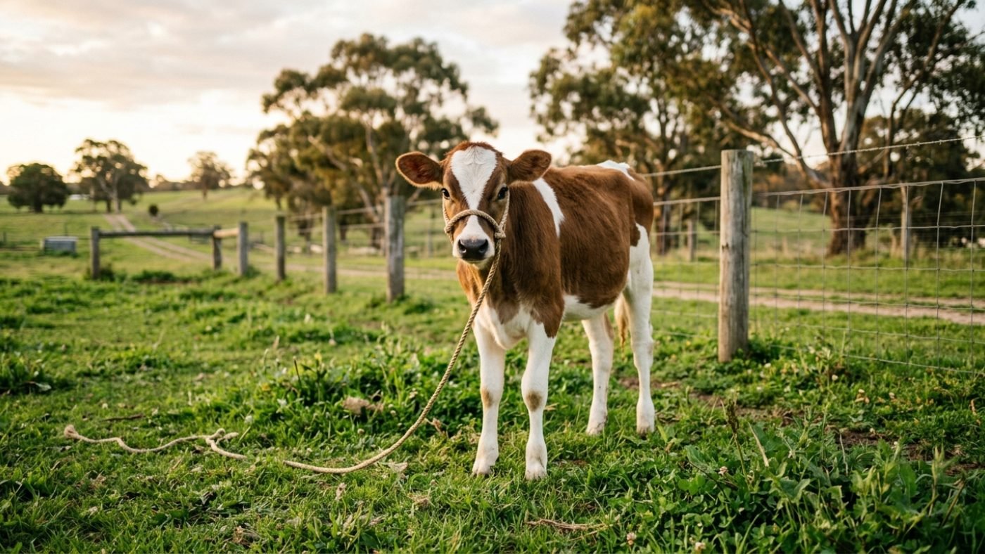 A young calf wearing a rope halter standing calmly in a green home paddock