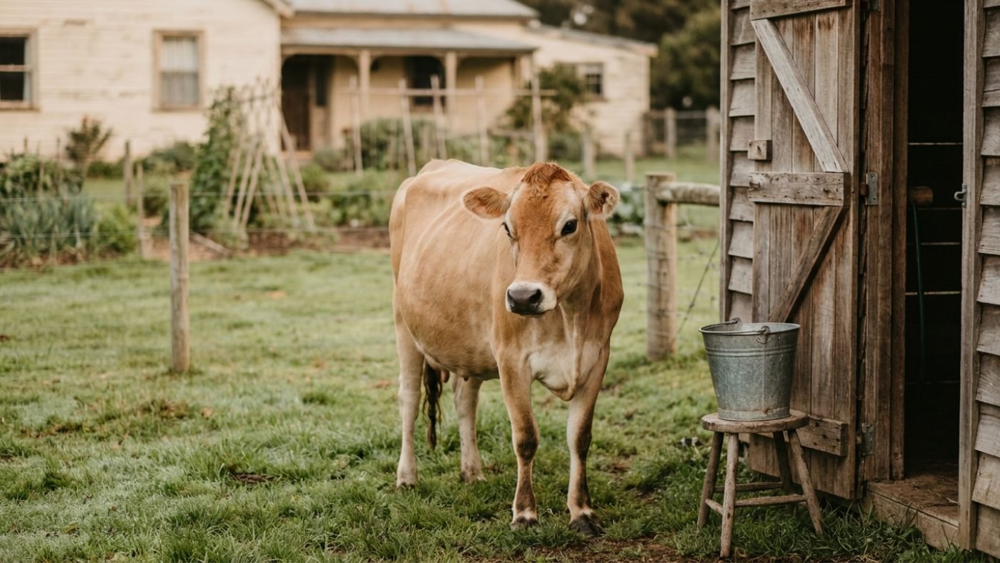 A fawn Jersey house cow in a small green home paddock