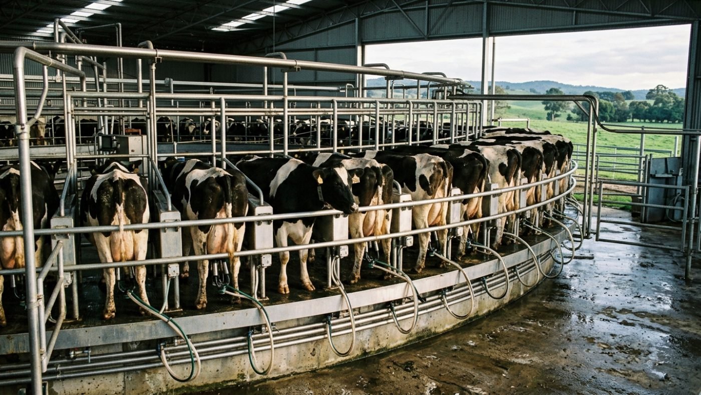 Dairy cows in a rotary milking shed on an Australian farm