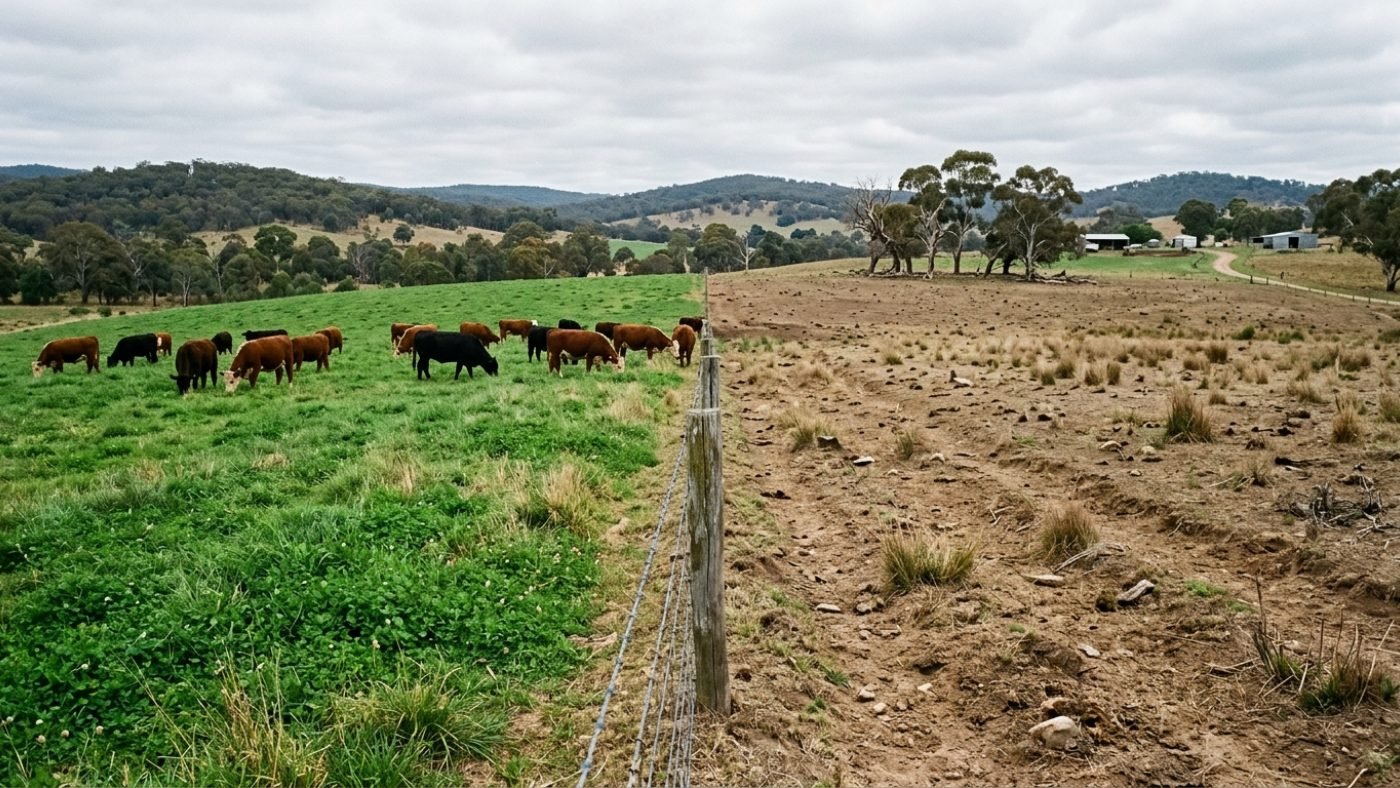Improved green pasture beside a tired brown paddock on an Australian farm