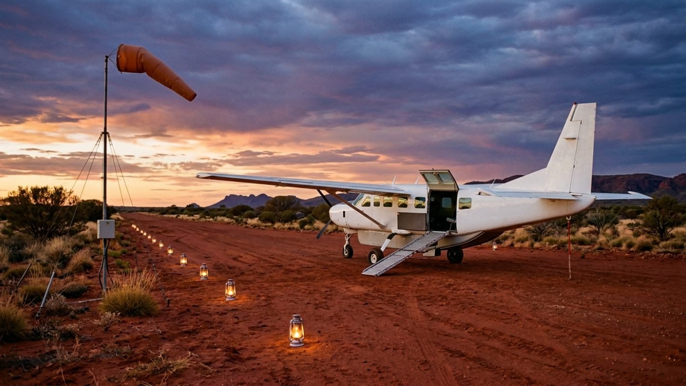 A Royal Flying Doctor Service aircraft on a remote outback airstrip at dusk