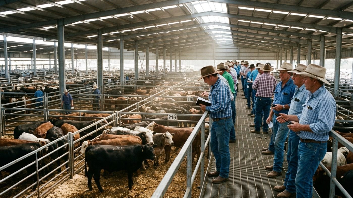 Buyers on an elevated walkway above cattle pens at an Australian saleyard