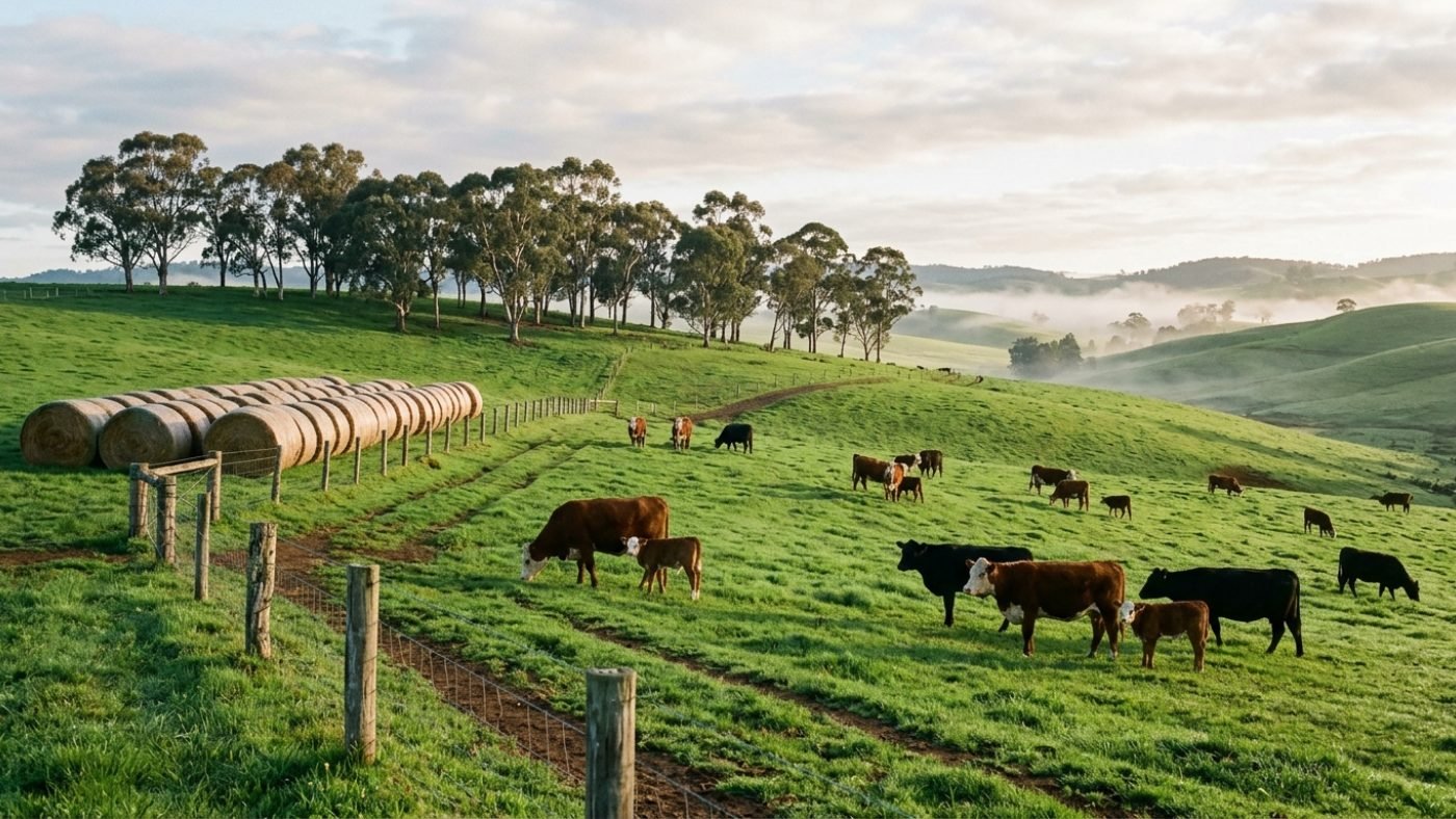 Green Australian pasture in spring with cows, calves and round hay bales along a fence line