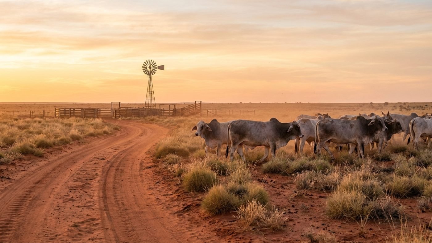 Brahman cattle moving across red outback country at sunrise