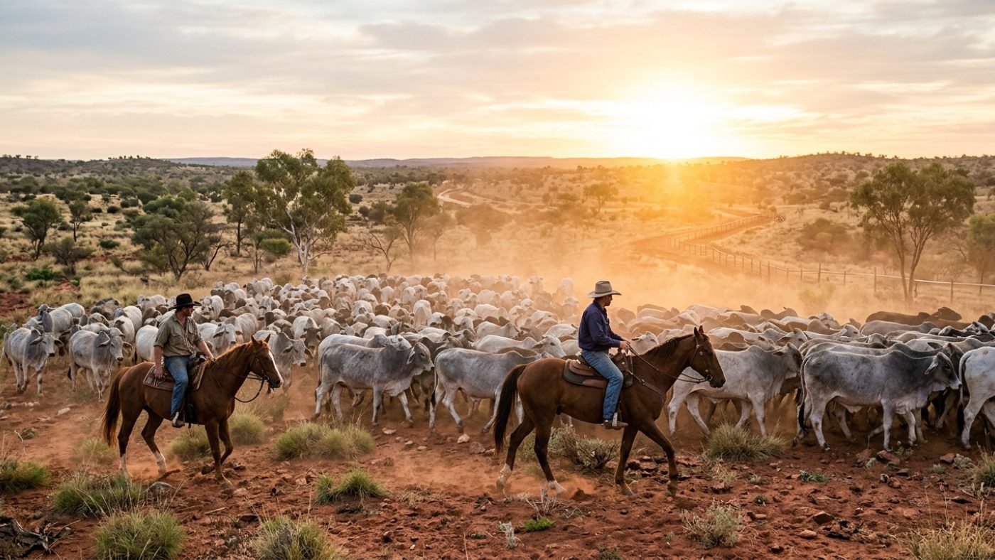 Ringers on horseback mustering Brahman cattle at sunrise on a Northern Territory station