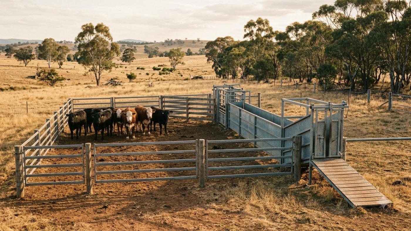 A small Australian cattle yard seen from above, with holding pen, race and timber loading ramp in a dry summer paddock