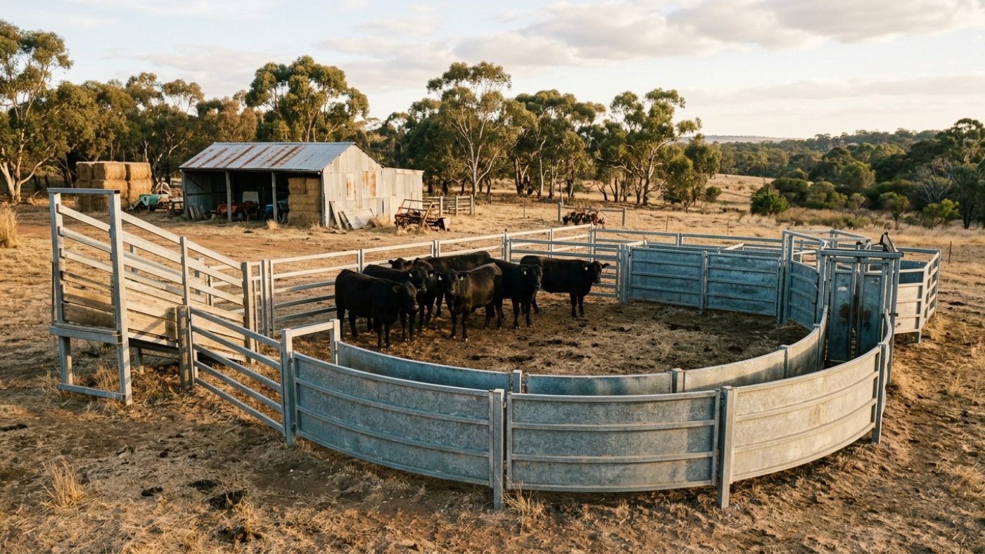 A compact steel cattle yard with a curved race and head bail on an Australian smallholding